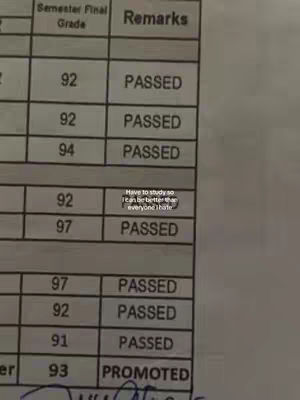 The image presents a close-up view of a document, likely a student's grade report. The top portion of the image is filled with a table showing multiple rows of grades and remarks. The background appears to be a light beige color.