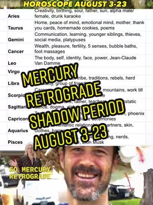 The image is a composite featuring two main elements. On the bottom, a close-up of a smiling man with a friendly expression taking up a significant portion of the image. Overlayed on the image is a detailed astrological chart, with text indicating the "HOROSCOPE AUGUST 3-23". Bold text overlays the chart that states "MERCURY RETROGRADE', 'SHADOW PERIOD' and 'AUGUST 3-23". In the lower-left corner are some vehicles making up the background.