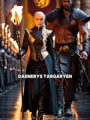The cover image features two individuals dressed in elaborate attire, with what appears to be a regal setting in the background. The foreground showcases a woman in a black and gold outfit holding a staff with a flame. Beside her stands a man, shirtless, with a decorated breastplate. The text overlay reads "DAENERYS TARGARYEN". The background appears to include a few members in the background and ornate gold sconces.