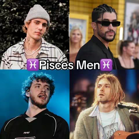 A collage featuring four different men, each in a distinct pose and setting. The top left shows a man wearing a beanie and a striped jacket, the top right features a man in sunglasses and a black suit, the bottom left displays a man with a black shirt, and the bottom right presents a man with long hair and a guitar.