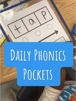 The cover image shows a white sheet with the word "TAP" in three boxes, with an "a" in the center box and "t" and "p" in their respective boxes. Underneath are three empty circles and an arrow. The text overlay features a blue background with white text that says "Daily Phonics Pockets".