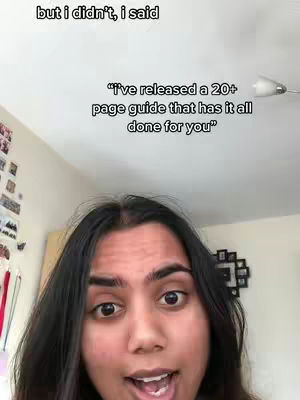 A woman with dark hair and brown eyes is looking at the camera with an open mouth expression. Above her head, text overlays read "but i didn't, i said" and "i've released a 20+ page guide that has it all done for you". The background is a plain ceiling.