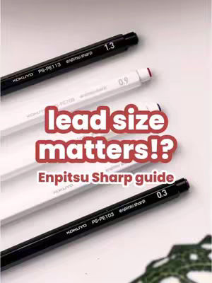 The image features three mechanical pencils of varying lead sizes (1.3, 0.9, and 0.3), arranged diagonally against a blurred white backdrop.  The text overlay reads "lead size matters!?" in a bold, red font, highlighting the video's focus on the importance of lead thickness in note-taking.