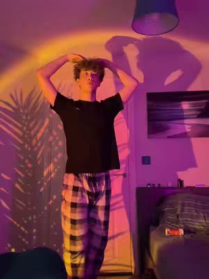 A person is standing in front of a wall with their arms raised and hands gesturing to their head, with a palm tree shadow on the wall. The lighting is a combination of yellow and purple. There is a room with a bed that can be seen.