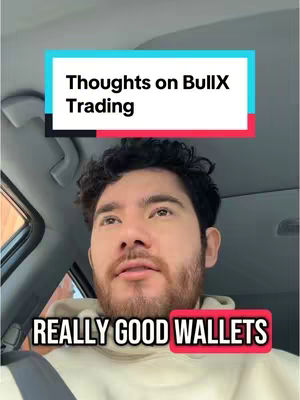 A selfie-style video cover shows a man with a beard inside a car. Text overlays read 'Thoughts on BullX Trading' and 'REALLY GOOD WALLETS'. The overall composition is casual and informal, with the man looking directly at the camera.