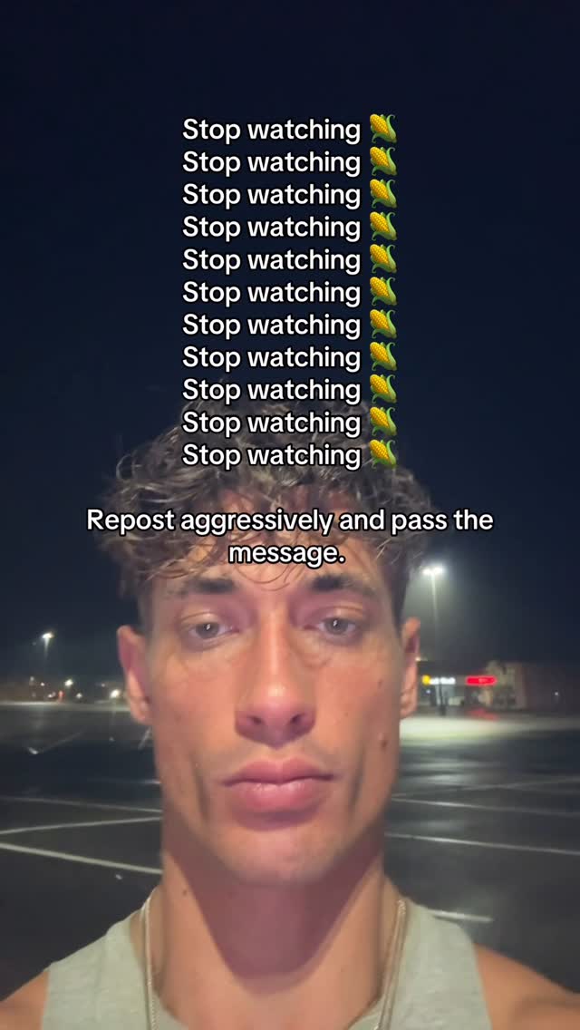 A selfie-style shot of a man in front of a dark background, likely at night. The man's face is the focal point, with overlaid text and corn emojis to the right. The overall composition suggests a message or call to action related to stopping a behavior.