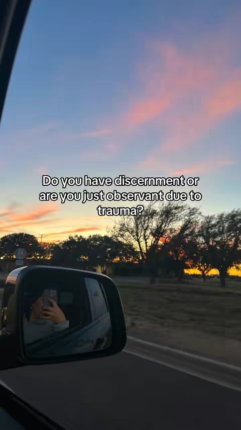 The cover image shows a view from the inside of a vehicle. The right side of the frame shows a sunset with hues of pink and orange. The text overlay asks, "Do you have discernment or are you just observant due to trauma?". A side mirror is visible reflecting the driver holding a phone.