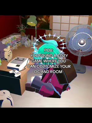 A screenshot from a game featuring a character with a halo in a cozy room with a desk, console, and fan, all rendered in a 3D art style.