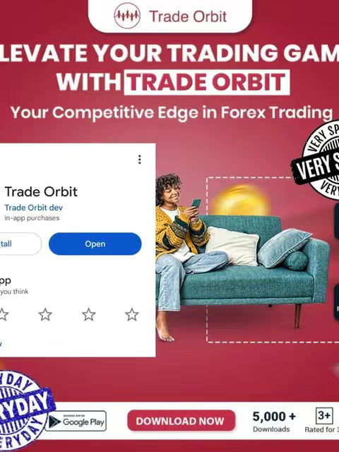 A cover image promoting the Trade Orbit app, featuring a woman seated on a teal sofa with a phone in her hand. Overlayed text provides the app name and tagline, set against a red background with app store branding.