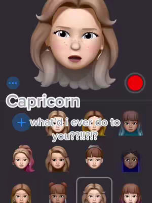 The cover image features an animated Memoji face with a surprised expression at the top, with the word "Capricorn" overlaid in white text below. Below this are multiple Memoji face options, arranged in a grid. The background is a shade of gray.
