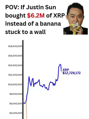 The cover image features a split-screen. The left side displays a line graph showing the fluctuations of XRP's value over time. The right side has an image of Justin Sun holding a banana. Overlayed text reads 'POV: If Justin Sun bought $6.2M of XRP instead of a banana stuck to a wall'.