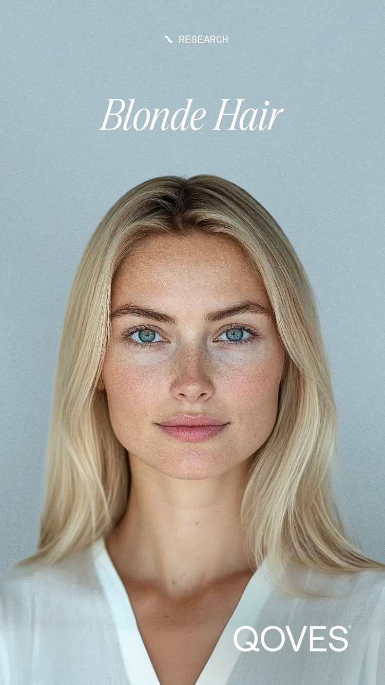 A portrait of a woman with long blonde hair and blue eyes. She is looking directly at the camera against a light blue background. The image has a soft, natural look.