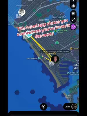 The cover image displays a map interface from a travel app, overlayed with text. The map is of a coastal city, rendered in a blue color palette, with pinpoint locations and travel routes highlighted by yellow paths. A circular profile picture of a person is positioned on the map. Text describing the app's function is overlaid in a pink font.
