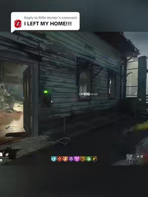 A screenshot from a video game Call of Duty: Zombies. It shows a wooden building facade with a door slightly open, in a dark, outdoor setting. The text bubble with the words 'I LEFT MY HOME!!!' is added in the upper left corner. The color palette is muted, and there is a UI with some health and perks at the bottom.
