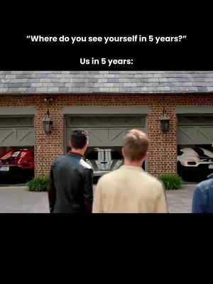 The image shows three garage doors with luxury cars parked in them and two people looking at them, with text overlayed on a black background.