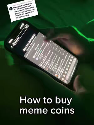 The cover image displays a close-up shot of a smartphone held by a person, with the screen displaying a chat interface related to cryptocurrency. The background is a blurred green, suggesting a casual setting. At the bottom, a white text overlay reads 'How to buy meme coins'. In the top left, is a speech bubble containing additional text.