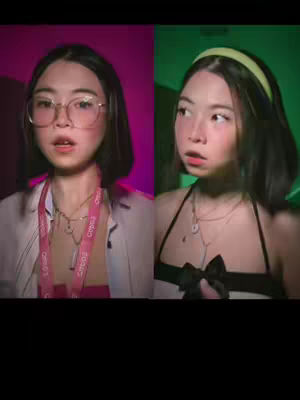 A split-screen image with a woman in two different outfits with different backgrounds. On the left, she wears glasses, a white coat, and a pink lanyard. The background is pink. On the right, she is wearing a black top and a yellow headband. The background is green.