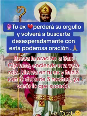 The image is a digitally altered illustration, likely for a social media post. A figure, resembling a saint or religious figure, is the focal point. The figure is positioned front and center, with a detailed depiction of their chest and part of their robes. Above, a halo surrounds a bust of the figure's face, adding a spiritual context. Two horizontal rectangular text boxes overlay the image in contrasting colors, forming the hook, and additional text sits below. The top rectangle is dark blue with white text, and the bottom is a lighter blue with red text. Overall, rich colors are used throughout to attract the eye, suitable for astrological content.