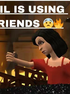 An animated scene from a cartoon focuses on a woman in the foreground, looking to the side with a concerned expression, set against a backdrop that appears to be a room in disarray with flames. The text overlayed at the top reads a phrase about friends, adding context to the scene.