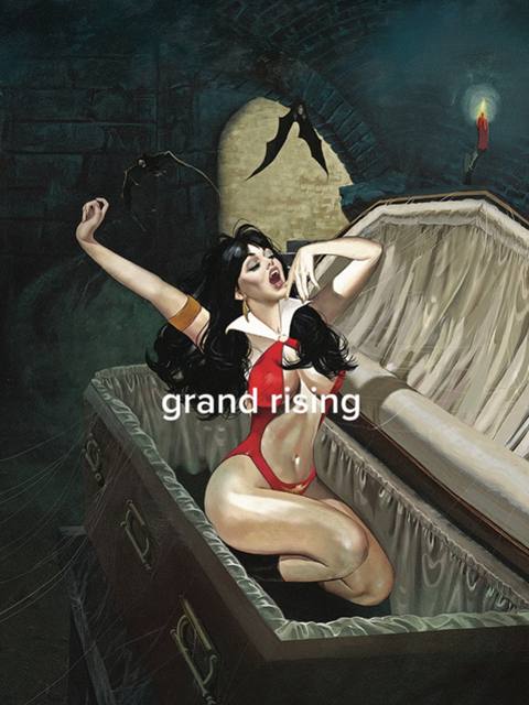 The image features a stylized, illustrated depiction of a woman emerging from a coffin in a dark, gothic setting. The woman is dressed in a red bodysuit with a white collar, reminiscent of a vampire aesthetic. She has dark hair, pale skin and is dramatically posed, with one arm raised. Bats and a single candle enhance the dramatic backdrop, while the text overlay 'grand rising' is placed across the image.
