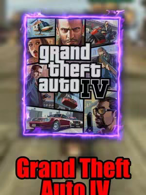 The cover image is a collage featuring images from the video game Grand Theft Auto IV. The central element is the game's logo, 'Grand Theft Auto IV,' in a stylized font, partially obscured by a purple glowing border. Surrounding the logo are various images showcasing different aspects of the game, including character portraits, vehicles (a car and a motorcycle), and action scenes. The overall composition is framed by a bright purple, electric-like border that makes the game's title stand out vividly against a blurred, blurred background.