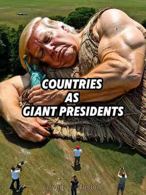 An AI-generated image depicting a giant man's upper body, resembling Donald Trump, resting on what seems to be a giant woven mat or structure. The man's face is angled towards the viewer. In his hand is a statue of the Statue of Liberty. The image is set against a backdrop of green fields and some small figures representing people at the bottom. Text overlayed on the image reads 'COUNTRIES AS GIANT PRESIDENTS'.