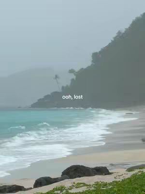 A serene coastal scene featuring a beach with light tan sand, the ocean with turquoise water, and a hillside in the background. The sky is overcast, suggesting a misty or rainy day. Overlayed text reads 'ooh, lost'.