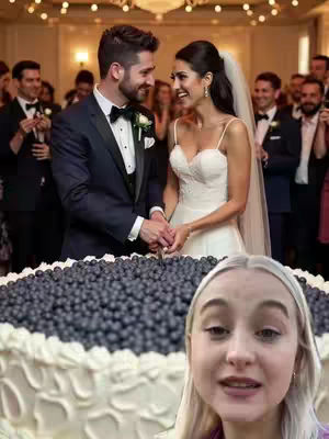 The cover image is a combination of two scenes. The top portion depicts a wedding scene with a bride and groom cutting a wedding cake, and surrounded by wedding guests. In the bottom, a woman with blonde hair is near the bottom edge and takes up roughly a quarter of the image. The background is softly lit with warm tones. The bride is wearing a white wedding dress and veil, while the groom wears a dark suit. The wedding cake is adorned with blue berries. The composition sets the scene for wedding-related content, with the creator's presence indicating a personal touch or interaction related to the event.
