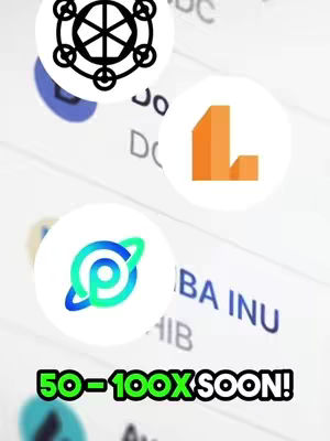 The image is a vertical graphic with a white background populated by several circular icons, likely logos, featuring graphics in white, orange, and teal. Overlayed at the bottom is the phrase: '50-100X SOON!' in a green, bold font. The layout is simple, placing the key information directly.