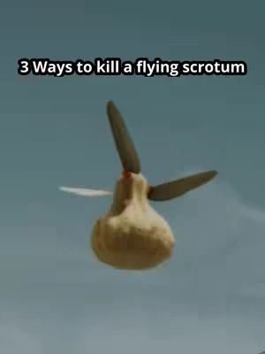 The image shows a blue sky with a cartoonish object in the center. The object resembles a testicle with a propeller attached. There is white text above the object that reads, "3 Ways to kill a flying scrotum."