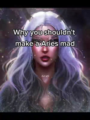 A digitally painted image featuring a woman with pale skin, white-silver hair, and dark eye makeup. The woman has a stern expression and a background filled with sparkles. Text overlays read, \"Why you shouldn't make a Aries mad\", above a smaller text \"aries\" overlaid near the bottom of the image.