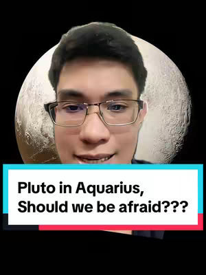 A selfie-style video cover featuring a light-skinned man with glasses centered against a blurred background of the planet Pluto. Beneath the man's face is a rectangular text box containing white text against a blue-green gradient background, contrasted with a red bottom.