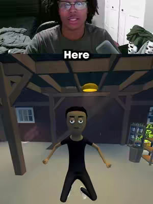 The cover image is split into two sections. The top half shows a person with glasses on, facing the camera and talking. The bottom half shows a low-angle perspective of a 3D rendered scene, featuring a cartoonish figure standing in what appears to be a barn or a dimly lit space. The text 'Here' is superimposed over the image. The overall mood is casual and possibly related to gaming or a virtual environment.