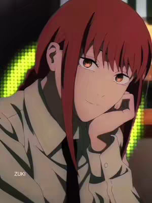 The image is a stylized anime illustration of a character with red hair, possibly a woman, leaning her head on her hand in a thoughtful pose. She is wearing a white shirt and a black tie, with a neutral expression on her face and eyes with a slight downward gaze. The background is out of focus, but appears to be a mix of colors, including green. The overall style is characteristic of anime art.