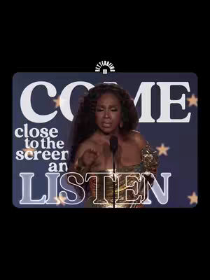 The cover image shows a woman in a gold dress speaking into a microphone, with the words "COME close to the screen an LISTEN" superimposed over the image.