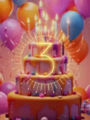 The image is a vibrant, celebratory illustration dominated by a three-tiered birthday cake. The cake is the focal point, with a neon glowing number '3' at its center, encircled by a halo of shining lights and surrounded by lit candles. Colorful balloons, including pink, orange, purple and blue, fill the background, out of focus, giving a festive atmosphere. The color palette is warm and festive, with pinks, oranges, yellows, and blues creating a playful feel.