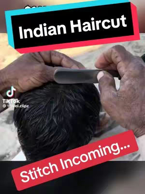 The image shows hands performing a haircut. A razor-like tool is used on a person's head, focusing on the back of the head and the hair. Text overlays, "Indian Haircut" and "Stitch Incoming…" are added in colored boxes.