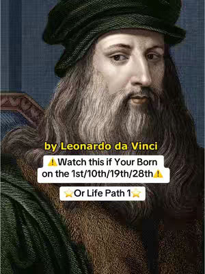The image is a stylized portrait of Leonardo da Vinci with text overlays. Da Vinci is depicted from the chest up, wearing a hat and a dark jacket, with long hair and a beard. The background is a gradient of blue and purple. The text overlays are in a white rectangular box.