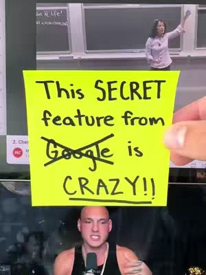 The cover image is a selfie-style shot with multiple layers. In the foreground, the main subject, a bald man, is positioned at the bottom center. Above him is a bright yellow sticky note covering a portion of the background image of a classroom, including an instructor. The sticky note has the text in large, bold, dark font, 'This SECRET feature from Google is CRAZY!!' with the word Google crossed out. The layout is designed to draw attention to the text overlay.