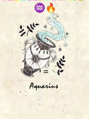 An illustrated image showcases the Aquarius zodiac sign, featuring a stylized water jar with a star embedded in its front, from which a stream of water is flowing upwards. The background is a parchment-like texture, with leaf designs framing the main element. The word "Aquarius" is written in a black, elegant font at the bottom. Symbols like the planet symbol and a fire icon are overlaid at the top, adding to the astrological theme.