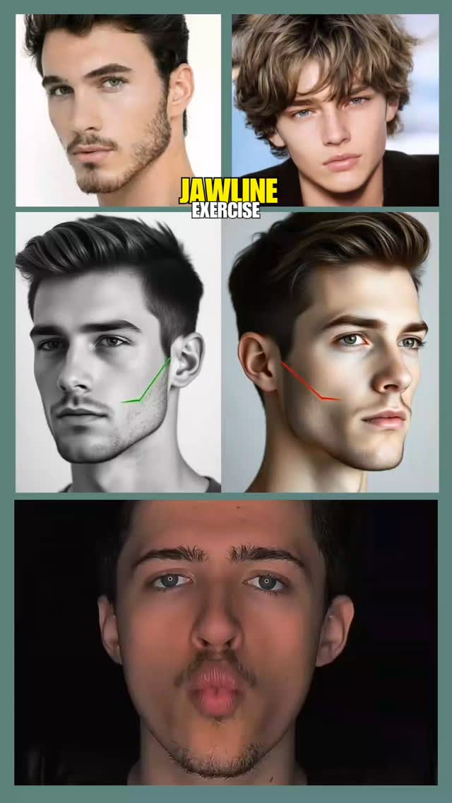 The cover image is a collage featuring four photos of men. The top-left shows a man with a beard and a chiseled jawline. The top-right displays a man with wavy hair. Both images are of a high quality. The bottom-left shows a black and white image and drawing of a jawline with a green line around it. The bottom-right shows a close up drawing of a jawline with a red line. The bottom image is of a man with dark hair and a neutral expression, as if posing.