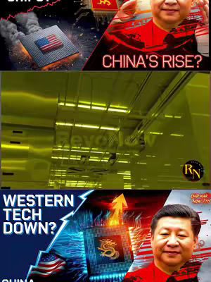 The cover image is a composite highlighting the rise of China in the semiconductor industry, with multiple visual elements. The top left quadrant features a CPU chip with a digital American flag, smoke emanating, and a volcano icon. Overlayed is the text "GOODBYE WESTERN CHIPS?". The top right depicts a man with a red shirt and a finger pointing, with the text "CHINA'S RISE?". Below, a gold illuminated corridor scene is visible. Finally, the bottom-right features a person in a red shirt, the Chinese flag, a stylized CPU with a dragon design, and the text "WESTERN TECH DOWN? CHINA". A stylized "RN" or "chip mar" logo is also present.