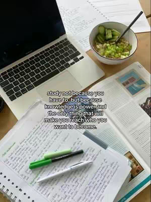 A top-down view featuring studying tools like a laptop, writing materials, and a bowl of food. Text overlay with a motivational quote.