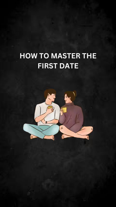 The image shows a minimalist yet stylized illustration against a dark background with horizontal lines. The illustration depicts two figures, presumably a couple, sitting cross-legged and facing each other. They are both holding cups, with the man wearing a light-colored shirt and the woman wearing a purple sweater. The text overlay at the top reads 'HOW TO MASTER THE FIRST DATE' in bold, white text.