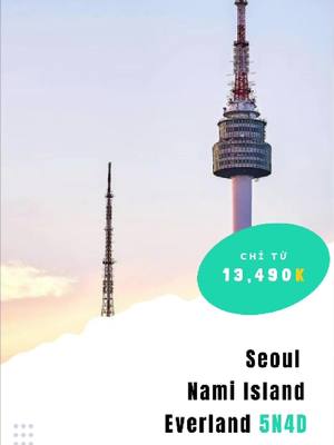 The cover image features a scenic view, likely of South Korea, with two tall, slender structures that resemble communication towers against a sky with soft colors. A teal-colored oval with white text is overlaid, conveying information about a trip. Below this, the text highlights specific locations: "Seoul, Nami Island, Everland, 5N4D."
