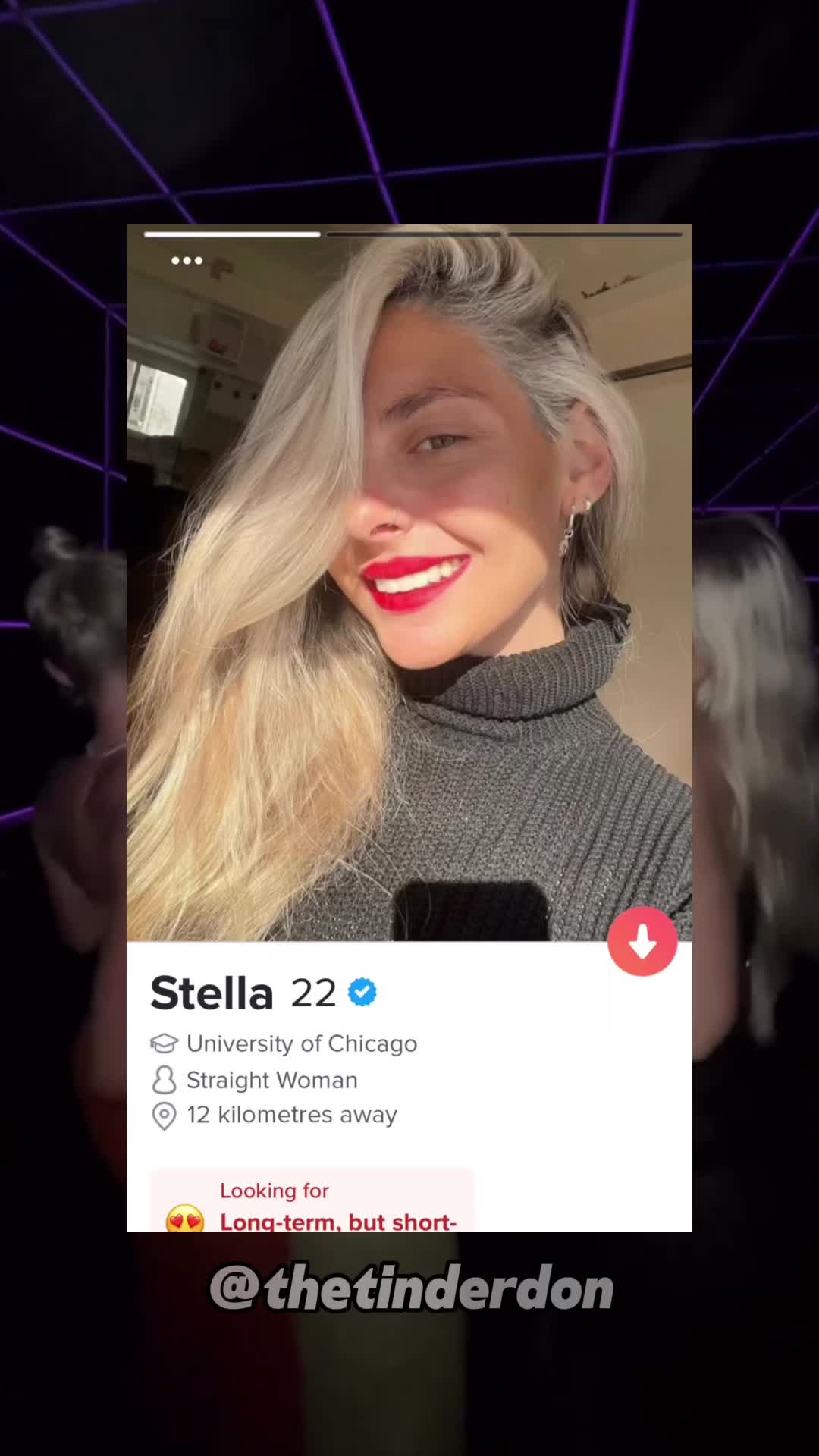 The cover image appears to be a screenshot of a dating app profile. The profile features a blonde woman with red lipstick and a black turtleneck sweater. The app interface is visible displaying the user's name, age, and other details. The background is a purple and black gradient.