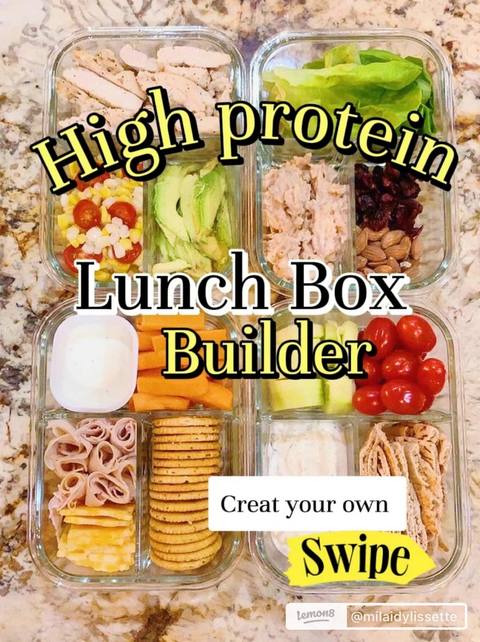 A cover image showcasing four clear, rectangular food containers filled with various ingredients for a high-protein lunch. The containers are arranged in a 2x2 grid. The upper left container holds sliced chicken and a mix of corn, tomatoes, and white beans. The upper right container has tuna, lettuce, cranberries, and almonds. The bottom left container contains a white dip, sliced turkey breast, and crackers. The bottom right container has cucumber slices, a white dip, cherry tomatoes, cucumber slices, and crackers. The containers sit on a marble countertop. Text overlays include 'High protein Lunch Box Builder' in a yellow and black font and 'Create your own Swipe' along with social media handles.