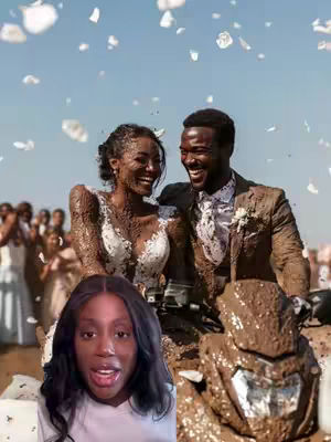 The cover image features a split-screen. In the top portion, it depicts a joyful couple, covered in mud, sitting on a muddy motorcycle with white confetti falling around them, under a blue sky. The bottom section showcases a woman with flowing black hair, smiling with excitement.