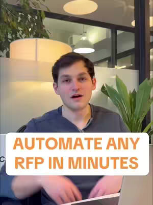 A man sits in front of a camera, with a sign that says, "AUTOMATE ANY RFP IN MINUTES," in orange letters.