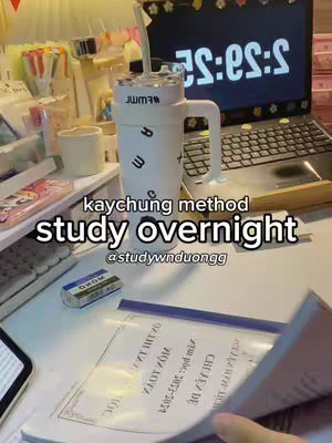 The image shows a desk setup with a laptop, pens, coffee or water bottle, and study materials. The text overlayed on the image is 'kaychung method study overnight'.